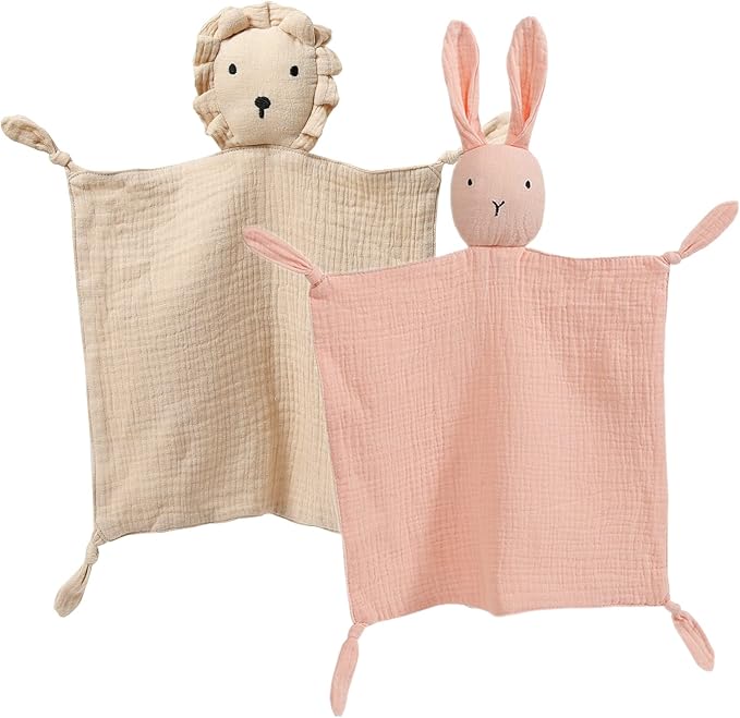 insular Lovey Blanket for Boys and Girls, Cotton Muslin Security Blanket for Babies, Bunny Lion Lovie Soothing Towel for Newborn and Infant, 2 Pcs Set (Pink&Khahi)