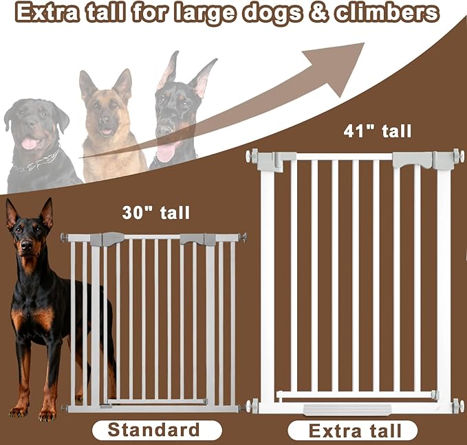 41'' Extra Tall Baby Gate for Large Dogs Pets Indoor No Jumping Over, 30-40.9'' Wide Heavy Duty Puppy Gate for Doorways, Pressure Mounted Metal Gate for Child Toddler No Tools Needed(White)