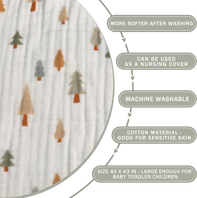 Pack of 2 Ultra Soft Cotton Muslin Baby Blanket Breathable Muslin Swaddle Blankets for Babies and Toddlers Boys Girls Newborn 43"X43" (Christmas Tree and Green)
