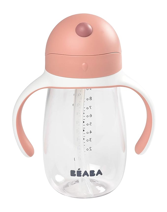 Beaba Straw Sippy Cup, Toddler Baby Straw Cup with Removable Handles, Leak and Spill Proof, BPA Phthalate Free, 8+ months, 10 oz, (Rose)