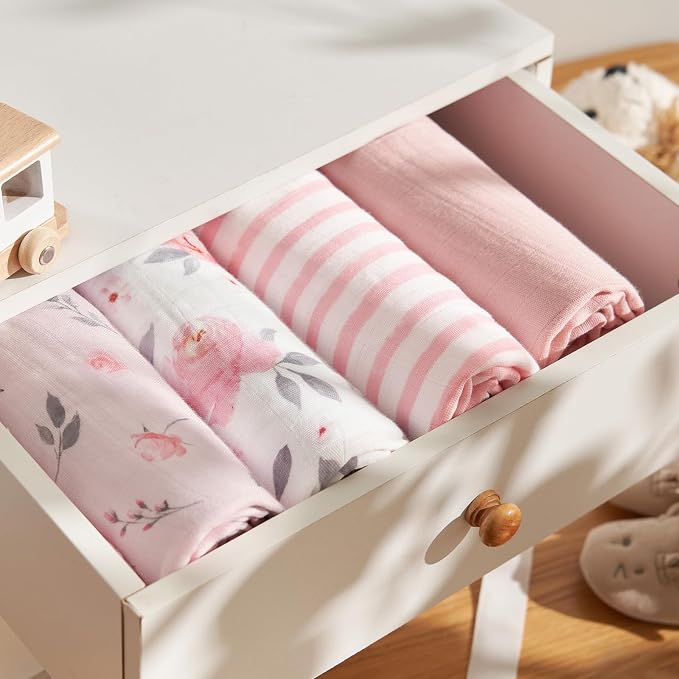 PHF Muslin Swaddle Blankets for Newborn, Large 47x 47 Inches 4 Pack Organic Soft Breathable Receiving Blankets, Skin-Friendly Muslin Baby Swaddles for Girls, Baby Essentials Shower Gifts, Floral