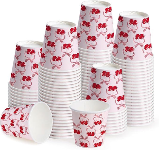 WRAPAHOLIC 3oz Pink Cherry Paper Cups - 100 Pack Disposable Bathroom Cups with Red Bow Cherry Design, Small Mouthwash Cup for Toothbrush Rinse, Home Bathroom, Wedding, Baby Shower and Girls Birthday