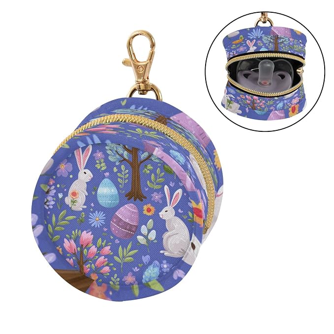 Pacifier Holder with Clip Pacifier Case for Diaper Bag Round Baby Pacifier Pouch Box Bag Portable Blue Rabbit and Easter Egg Tree Easter
