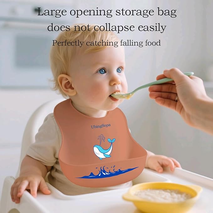 Silicone Baby Bibs ??Adjustable, Soft, Waterproof & Durable, with Large Food-Catching Pocket, Feeding-Friendly