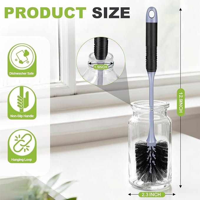 Long Handle Bottle Brush, Reusable Water Bottle Cleaner Brush, Flexible Scrub Brush for Water Bottles, Glasswares, Mugs, Thermos, Black, 2 Pack