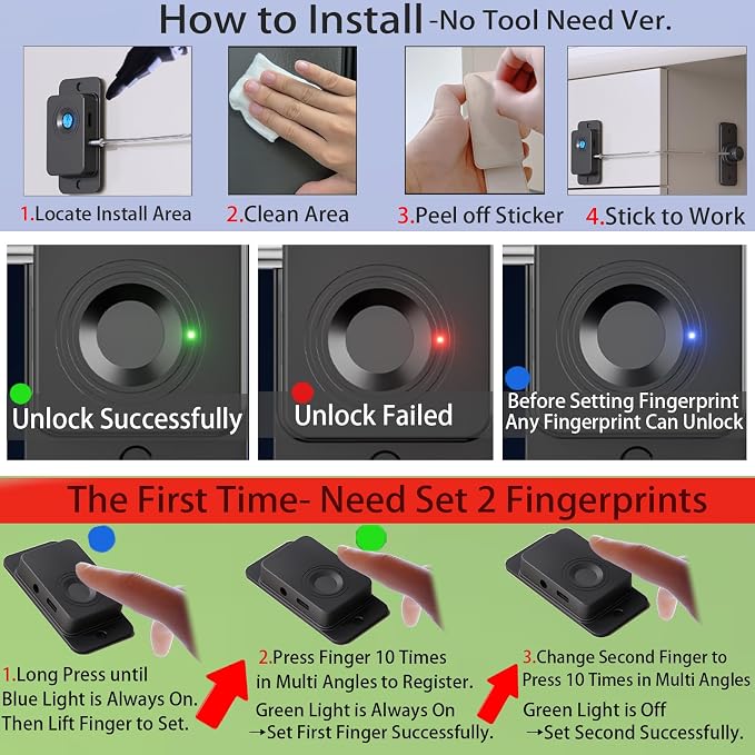Fingerprint Refrigerator Lock Child Safety No Drill 20 Users | Biometric Latch for Adults Teens Pet, Emergency USB Key, for RV Cabinet French Fridge Freezer Drawer Window, Adhesive / Screw