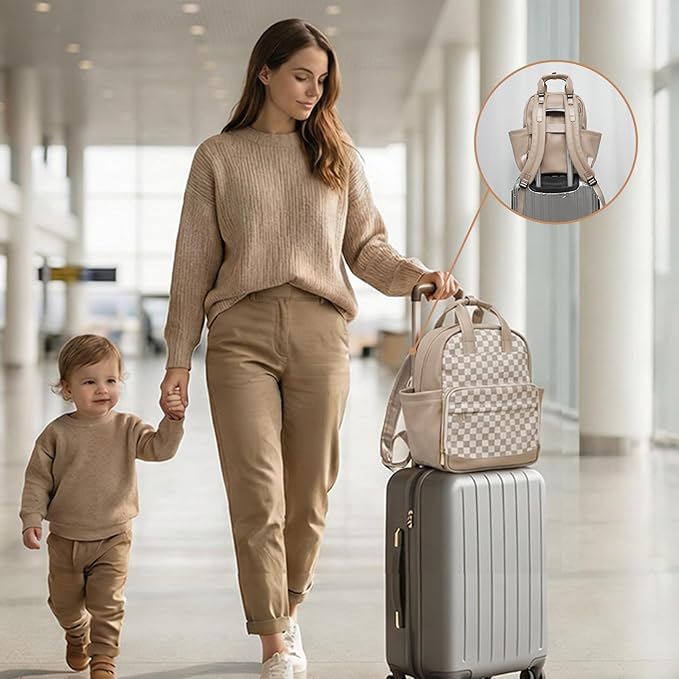 miss fong Small Diaper Bag - Baby Diaper Bag Backpack Checkered Diaper Bag with Changing Pad Baby Backpack for Travel Daycare Mommy Diaper Backpack for Mom & Dad-White&Beige