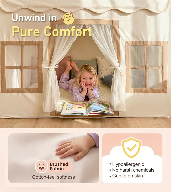 Little Dove Kids Play Tent with Mat, Star Lights, Tassel Garland, Toddler Playhouse with Windows Easy to Wash, Indoor and Outdoor Play Tents for Kids, Toys for Girls, Boys, Birthday Gift, Beige