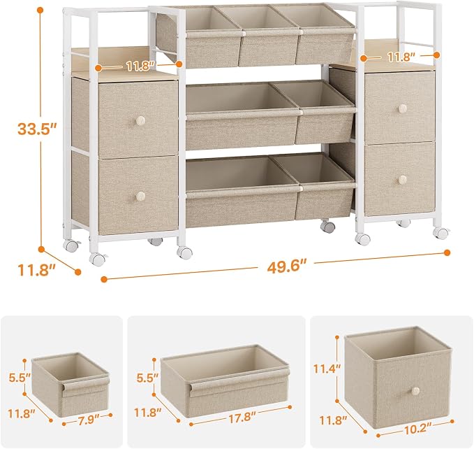 Kids Toy Organizers and Storage Bins - 7 Storage Bins + 4 Fabric Drawers + 2 Bookshelf, Playroom Storage, Mobile Cart Organizer for Toy, Clothes, Blankets and Books - Off White