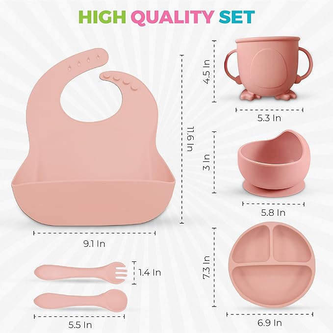 SiliFun 8-Piece Silicone Baby Feeding Set ??Complete Infant Mealtime Kit with Suction Bowl, Divided Plate, Bib, Spoon, Fork & Cup ??BPA-Free, Dishwasher Safe ??Gift-Ready in Premium Branded Packaging