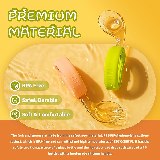 Toddler Forks and Spoons Set,Baby Utensils 12-18 Months with Silicone Easy-Grip Handle & Travel Case,BPA-Free Toddler Utensils 1 Year Old,Kids Utensils,Dishwasher Safe,Orange+Green
