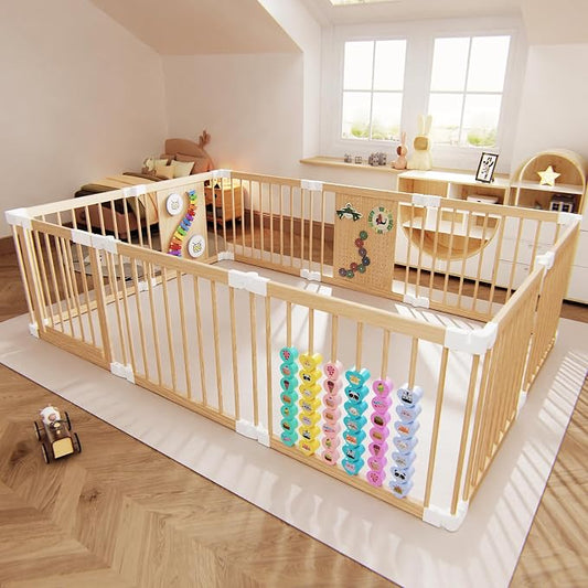 Baby Playpen - Adjustable Multi-Shape Wooden Play Yard, Portable Collapsible Activity Center with Baby ence Play Area & Tovs for Infants, Toddlers (57x85x24inch)