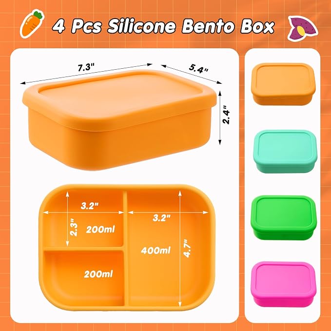 Layhit 4 Pcs Silicone Bento Box for Adults, 27 oz Bento Lunch Container Reusable Food Container for Women Men, Leak Proof Microwave Dishwasher Freezer Safe (3 Compartments,Vivid Colors)