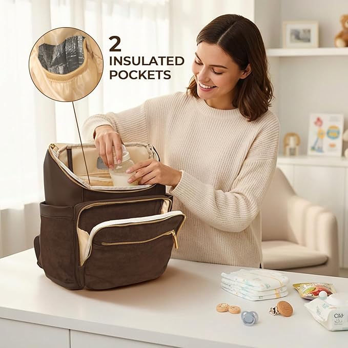 miss fong Diaper Bag Backpack - Large Diaper Bag Backpack Baby Backpack with 14 Pockets, Pañaleras Para Bebe with Waterproof Wet Pocket Luggage Sleeve for Mom Dad-Dark Coffee