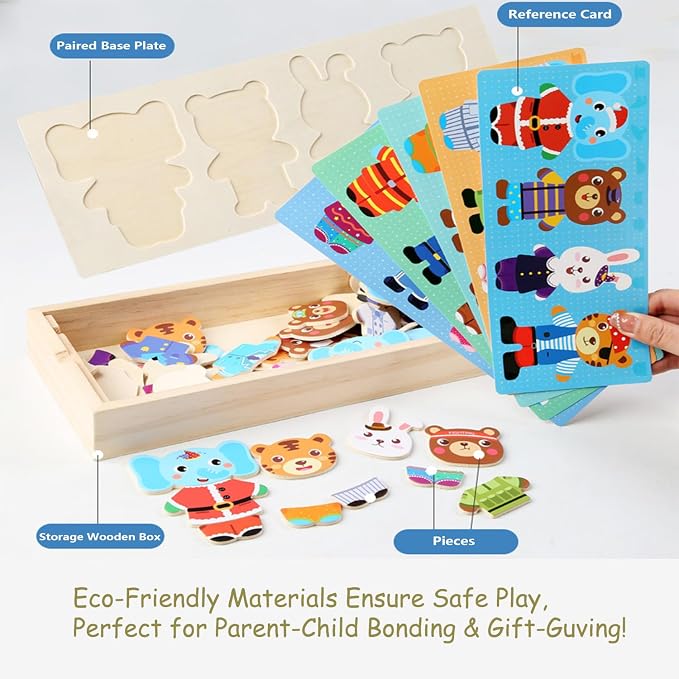 Wooden Jigsaw Bear Family Puzzle Box, Dressing Puzzles Toys, Dress-up Puzzle Set（72 pcs） (Mixed)