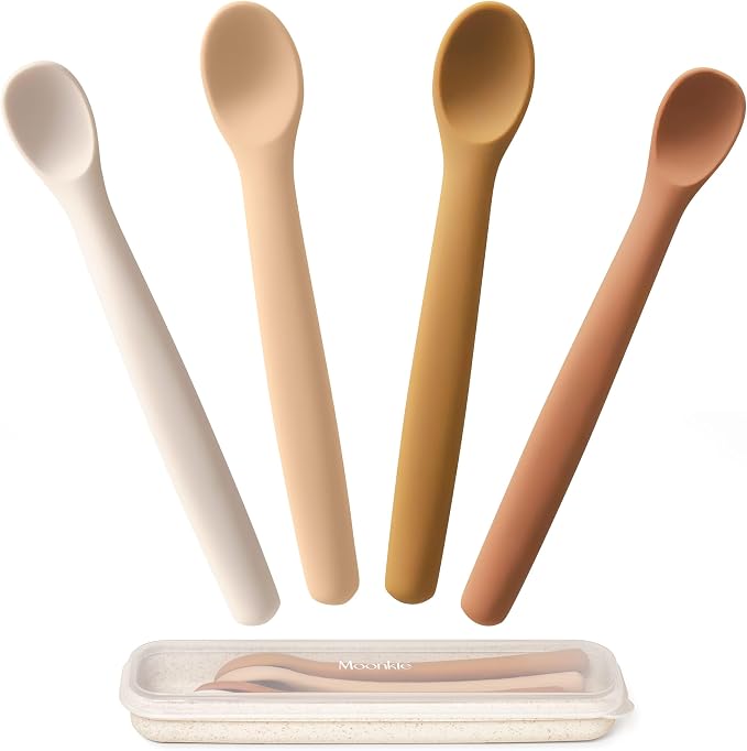 Moonkie Suction Plates for Baby 3 Pack and Silicone Baby Spoons Set of 4, 100% Silicone BPA-Free Baby Plates with Lids & Food Cover and Two Sizes Feeding Spoon with Case, Bundle