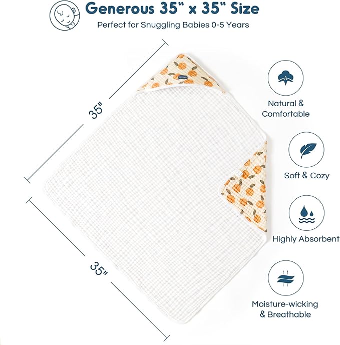 GRSSDER Ultra Soft Absorbent Muslin Cotton Baby Hooded Towel 2 Pack with Original Patterns, Extra Large Size 35"x 35" Swaddle Wrap for Newborn Infant and Toddler