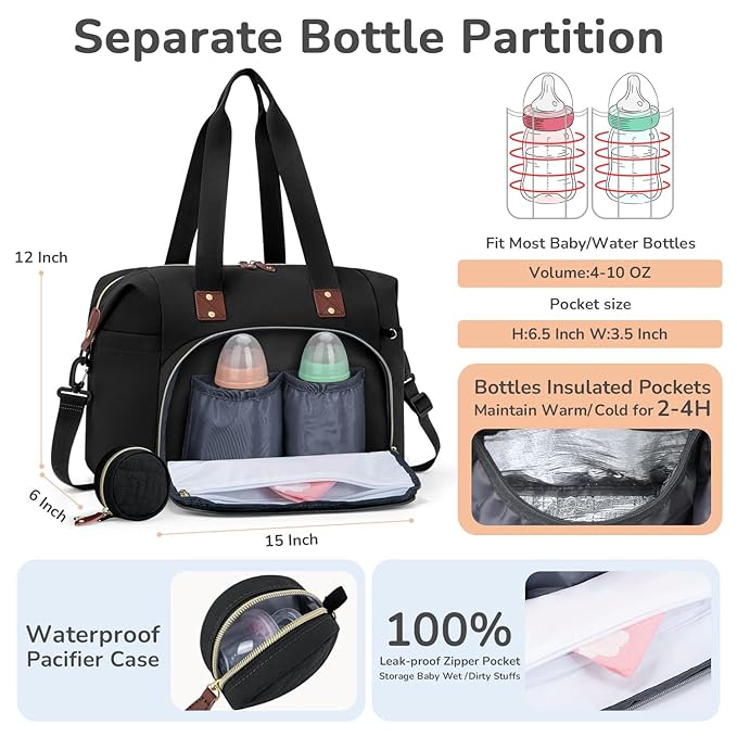 Tenot Diaper Bag Tote with Pacifier Case, Baby Bag for Women with Shoulder Straps, Travel Diaper Tote for for Mom and Dad Medium Size, Black