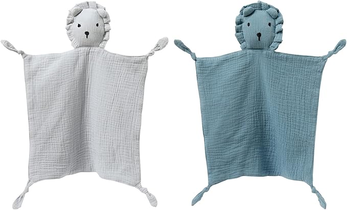 insular Lovey Blanket for Boys and Girls, Organic Cotton Muslin Security Blanket for Babies, Soft Breathable Lovie Soothing Towel for Newborn and Infant, 2 Pcs Set, Blue&Gray