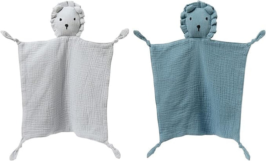 insular Lovey Blanket for Boys and Girls, Organic Cotton Muslin Security Blanket for Babies, Soft Breathable Lovie Soothing Towel for Newborn and Infant, 2 Pcs Set, Blue&Gray