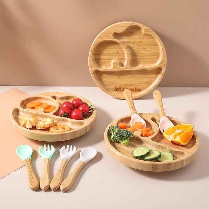 let's make Suction Plates for Baby & Toddler, Bamboo Divided Platter Feeding Dishes with Silicone Fork& Spoon, All-Natural Baby Food Plate Stays for Baby-Led Weaning, Non-Slip Design