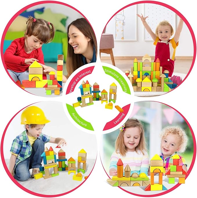 Migargle Wooden Building Blocks Set for Kids - Rainbow Stacker Stacking Game Construction Toys Set Preschool Colorful Learning Educational Toys - Geometry Wooden Blocks for Boys & Girls