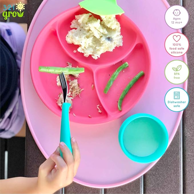 Eat with Me Spoon and Fork Set – Toddler Utensils with Easy-Grip Silicone Handles – Kid-Sized & Safe Stainless Silverware – Promotes Independent Eating – Dishwasher Safe (Midnight)
