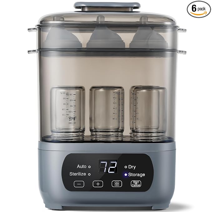 AMZBABYCHEF 4-in-1 Baby Bottle Steamer and Dryer, Electric Steamer with Fast Drying, Universal Fit for All Bottles, LED Touch Screen & Auto Shut-Off Protection (Grey)