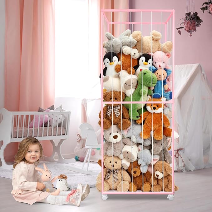 Stuffed Animal Storage, Metal Tube Extra Large Toy Storage Organizer with Brake Wheels, Stuffed Animal Holder Zoo Organizer for Nursery Playroom Kids Room Pink(61??x 23.6?�x 16.5??