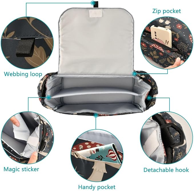 Forest Mushrooms Flowers Black Print Universal Stroller Organizer with Shoulder Strap & Cup Holder，Baby Stroller Caddy Bag for Shopping and Walking