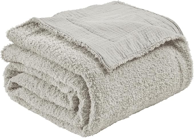 EMME Muslin and Fleece Throw Blanket Reversible - 50"*60" Grey Soft Warm Throw Blankets for Couch Bed Picnic Travel Bed