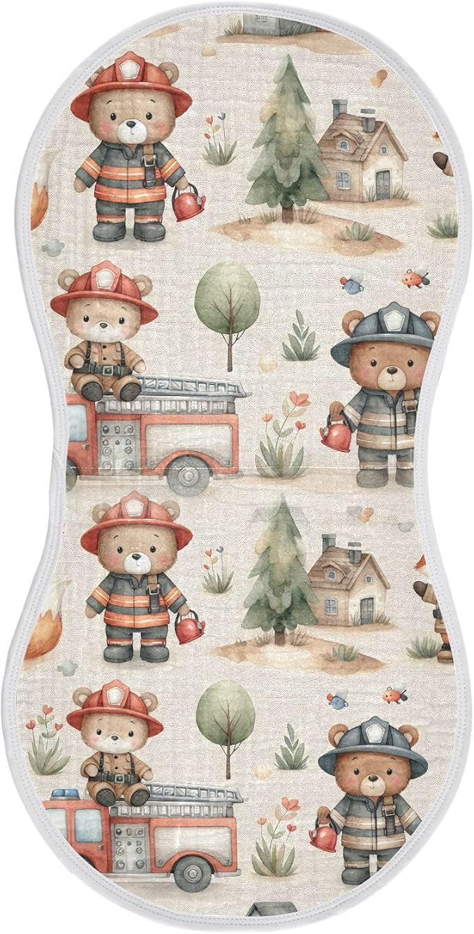 Muslin Baby Burp Cloths Set of 1, Soft Absorbent Cute Fireman Bear Cotton Burping Cloth, Milk Spit Up Rags for Newborn Unisex, 22 x 11 Inch