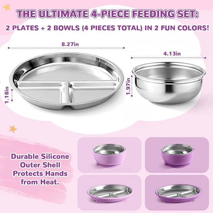 Havawish 4 Pcs Stainless Steel Baby Plate and Bowl with Suction, 8.3" Kid Divided Plate 4" Toddler Bowl with Removable Silicone, BPA-free Non-slip Baby Feed Set Dishwasher Safe for Boy Girl (Purple)