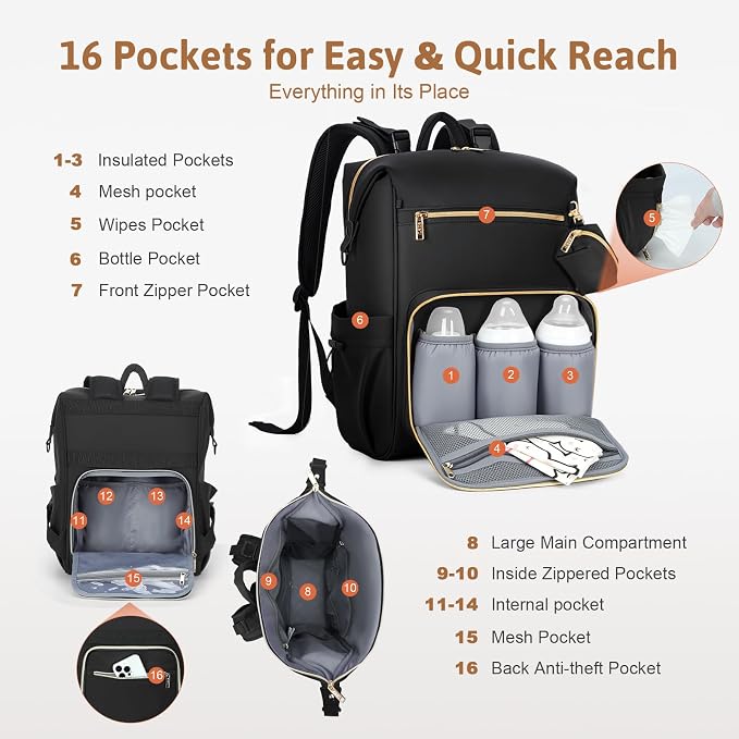 Lekesky Pañaleras para bebe, Diaper Bag Backpack for Baby, Large Capacity Diaper Bag with 16 Pockets, 1.52lb Lightweight Waterproof Diaper Backpack with Changing Pad, Stroller Bag for Mom Dad Travel