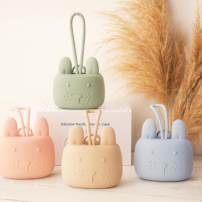 ROCCED Pacifier Holder Case Silicone Bunny Design Pacifiers Pouch with Soft Silicone Strap, Travel Storage for Stroller & Diaper Bag, Pacifier Holder Pouch for Baby, Set of 3 Beige Dusty Green Brown