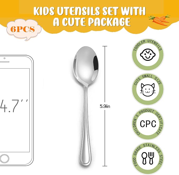 LIANYU 6-Piece Toddler Spoons, Kids Baby Spoons Self Feeding, Stainless Steel Toddler Utensils Silverware Set for 2-10 Year Old, Children Cutlery Flatware Set for Home School, Dishwasher Safe