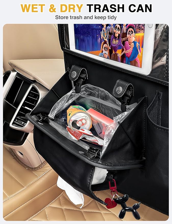 1-Pack Leather Car Backseat Organizer with Tablet Holder?“Foldable Food Tray,Storage Pockets,Trash Can,Tissue Holder & Insulated Bag?“Kick Mats Protector for Kids,Travel Accessories Organizer
