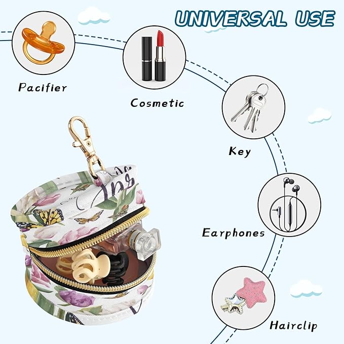 Pacifier Holder with Clip Pacifier Case for Diaper Bag Round Baby Pacifier Pouch Box Bag Portable Spring Tulip and Butterflies White