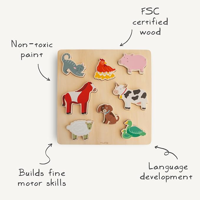 mushie Wooden Farm Puzzle | for Kids 3 Years+ | Preschool Educational & Toddler Montessori Toys (8 pcs)