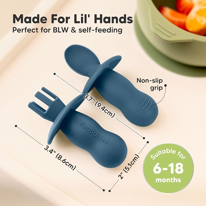 Keababies 4-Pack Silicone Baby Spoons and Forks Set - Baby Spoon Self Feeding, BLW Baby Utensils 6-12 Months, Baby Led Weaning Feeding Spoon,Teething Infant Baby First Food Training Pre Spoon