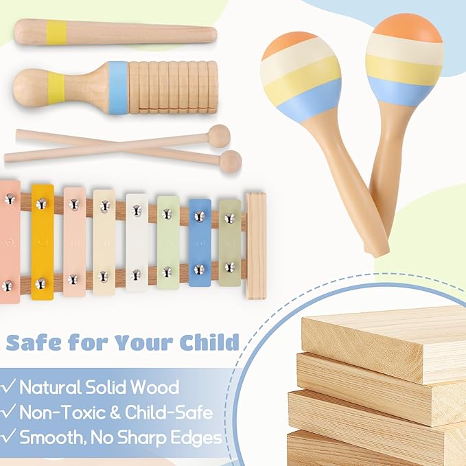 Baby Musical Instruments, Montessori Wooden Musical Toys for Toddlers 1??, Xylophone Tambourine Triangle Maracas, Wooden Baby Instruments, Kids Preschool Educational Toys, Birthday Gift for Boys Girls