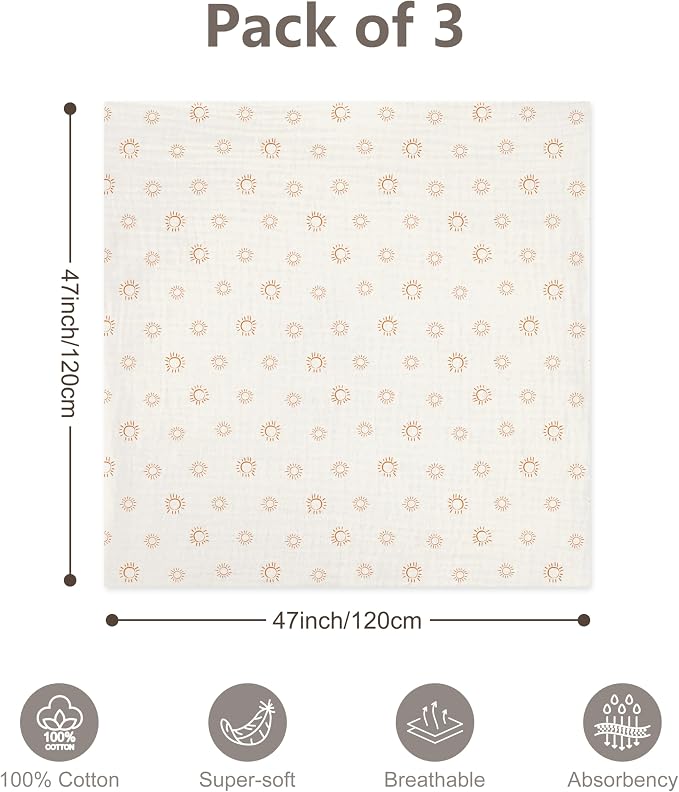 3-Pack Muslin Swaddle Blankets 47x47-100% Cotton Breathable Receiving Blankets for Newborn Baby, Soft Swaddling Wraps, Sunny Elephant Parade