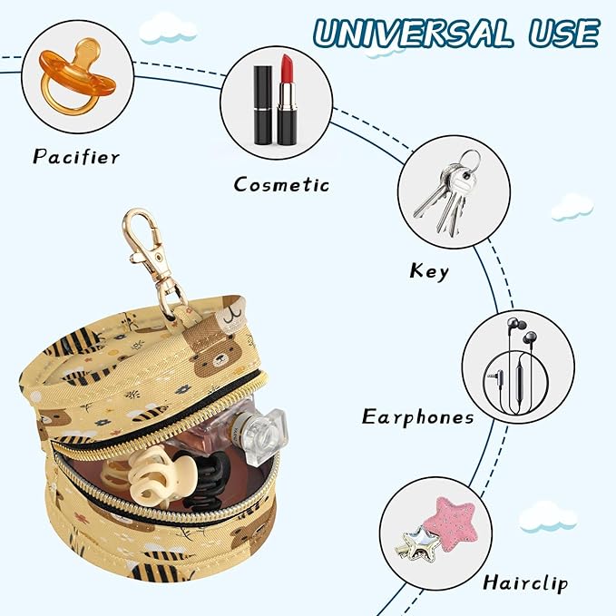 Pacifier Holder with Clip Pacifier Case for Diaper Bag Round Baby Pacifier Pouch Box Bag Portable Cute Brown Bear Bees Yellow