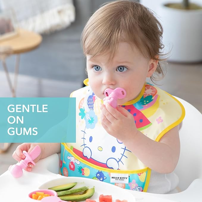 Bumkins Baby Utensils Set, Chewtensils Silicone Spoons for Dipping, Self-Feeding, Baby Led Weaning, Trainer Learning, First Stage Eating, Soft Practice Fork and Spoon, 6 Months, Hello Kitty Pink