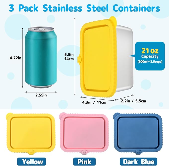 3 Pack Large Stainless Steel Snack Containers, 20oz Reusable Stainless Steel Food Containers with Silicone Lids for Meal Prep, Leakproof Metal Bento Lunch Box for Daycare, Travel, Office, Camping