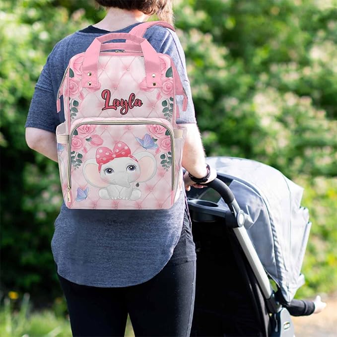 M YESCUSTOM Custom Bags with Name Personalized Pink Flower Diaper Bag Backpack Customized Waterproof Large Capacity Travel Daypack