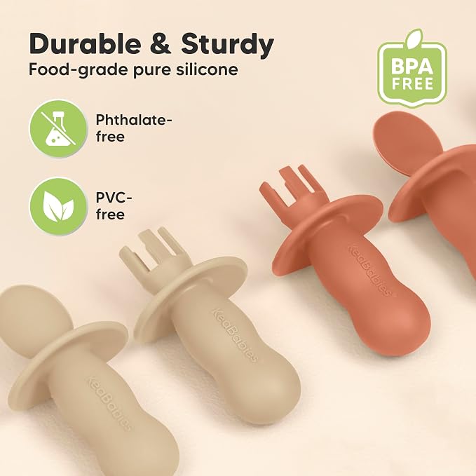 Keababies 4-Pack Silicone Baby Spoons and Forks Set - Baby Spoon Self Feeding, BLW Baby Utensils 6-12 Months, Baby Led Weaning Feeding Spoon,Teething Infant Baby First Food Training Pre Spoon