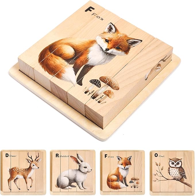 Promise Babe Wooden Forest Animal Puzzles Toy for Toddlers 1-3, 4-in-1 Montessori Toys Learning Educational Chunky Puzzle for 2-4 Years Old, Baby Boys Girls Gifts