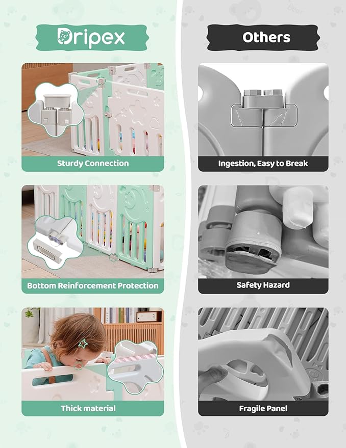Baby Playpen, Dripex Baby Playard for Babies and Toddlers, 14-Panel Foldable Playpen Adjustable Portable Play Area, Indoor/Outdoor Kids Active Center with Game Panel & Safety Gate, Light Green White
