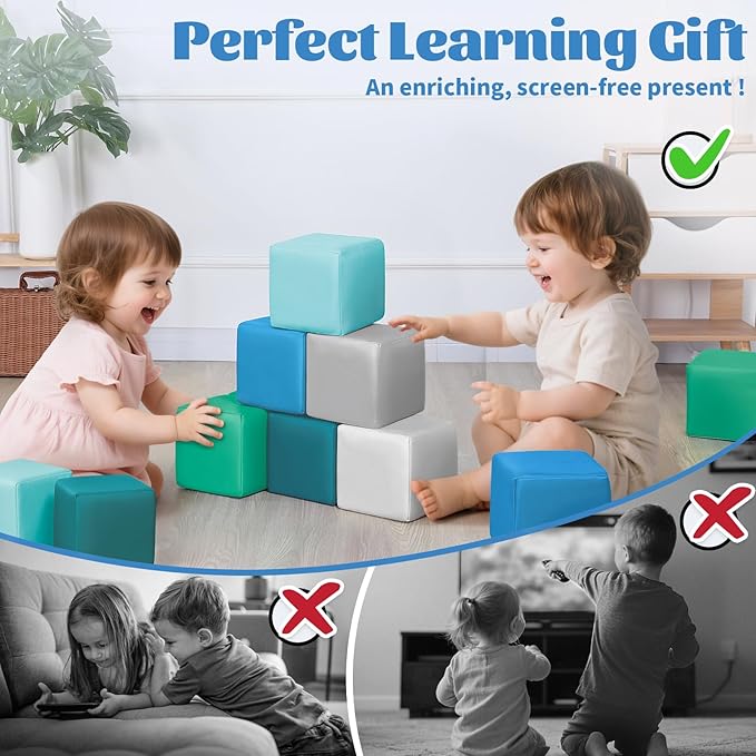 TODIBY Foam Building Blocks for Toddlers：12-Pieces Wipeable Leather Stacking Cubes Kids - Large Soft Toys Play Set for Learning Construction Baby Preschool Daycare Therapy Birthday Gift (Modern)